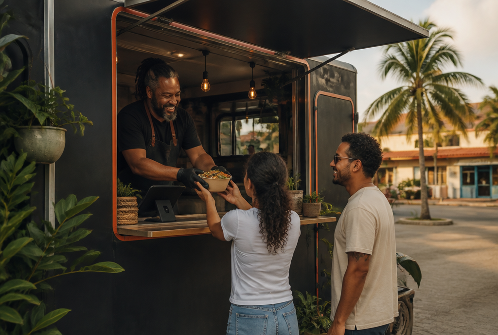 Illustrative food trucks business scene