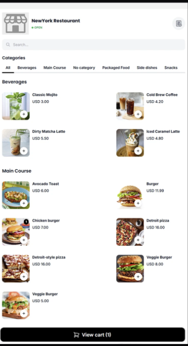 NC ordering menu showing categories, products, prices and cart